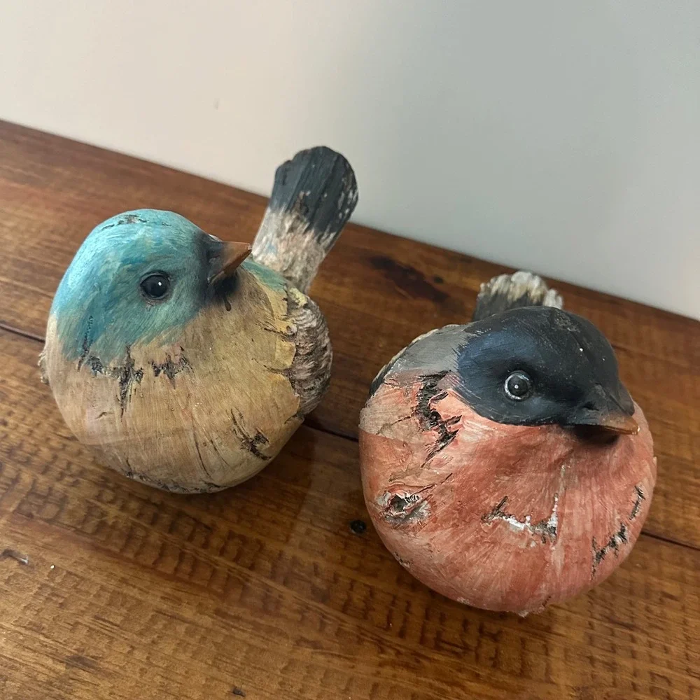 Rustic Wood Look Bird‎ Figurines Set of 2 Blue Terracotta Farmhouse Decor 98259